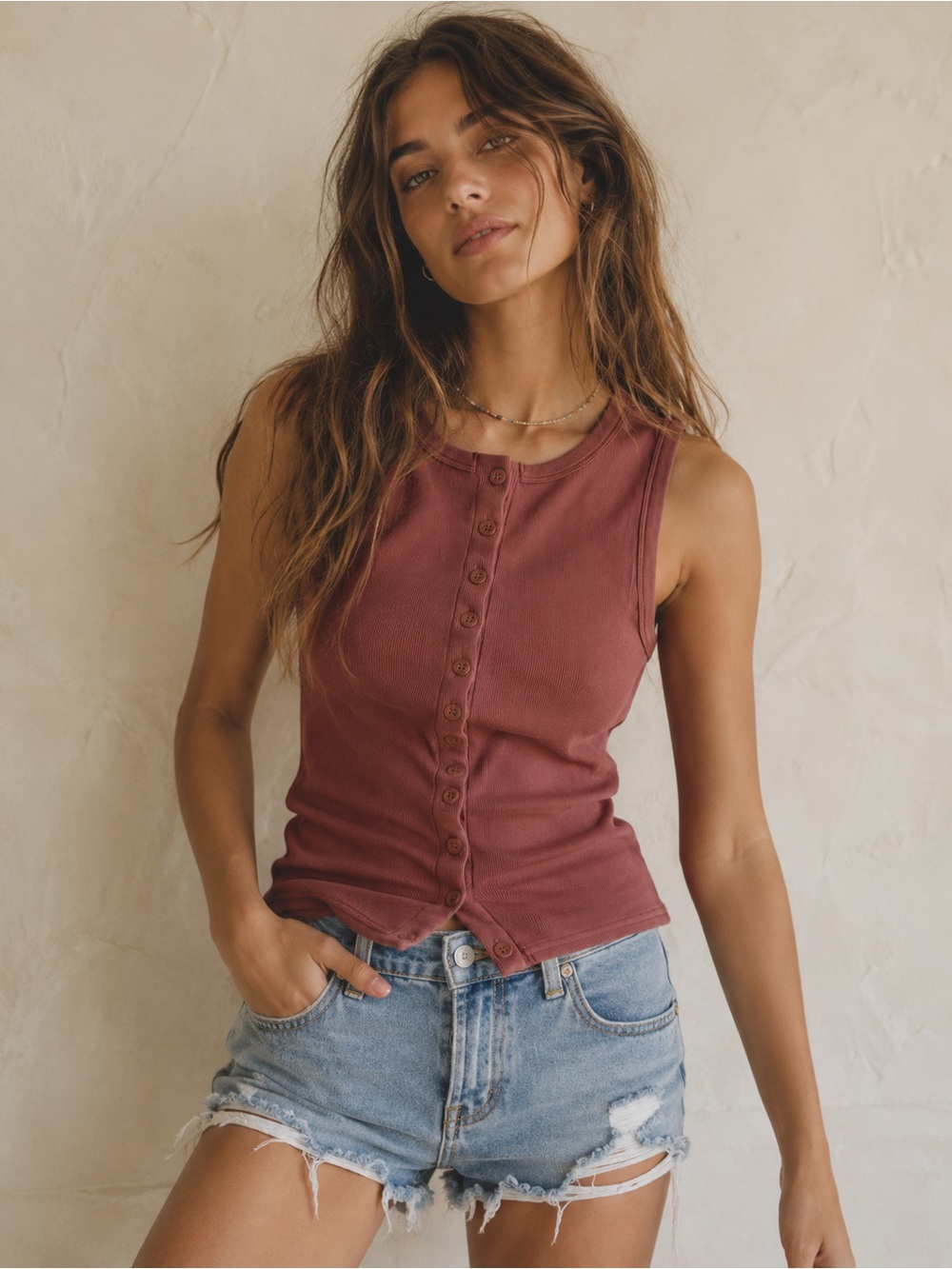 New J.O.A. Ribbed Button Down Muscle Tank- Brown